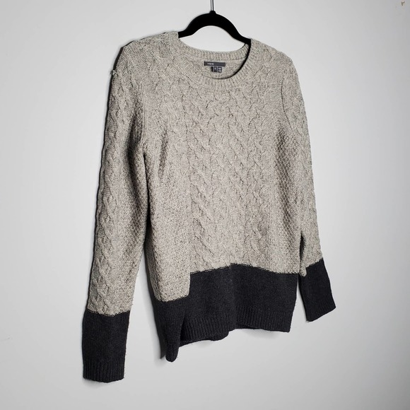 VINCE Grey Black Colorblock Cable Knit Crewneck Knit Sweater Sz S - Picture 3 of 8